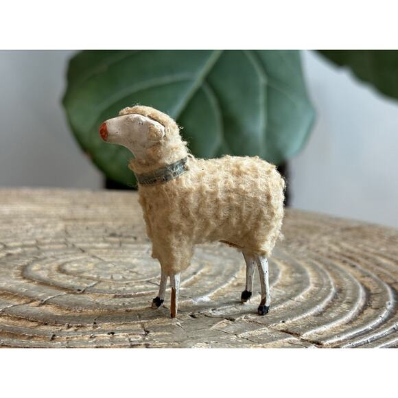 Vintage Germany Putz Wooly Sheep Set 4 Easter Christmas Ted Green Collar - Picture 2 of 16
